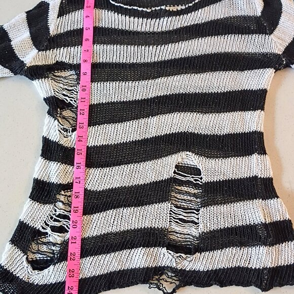 Distressed Striped Sweater Grunge Punk Knit Top Shredded Black White (Fits M) - Picture 5 of 13